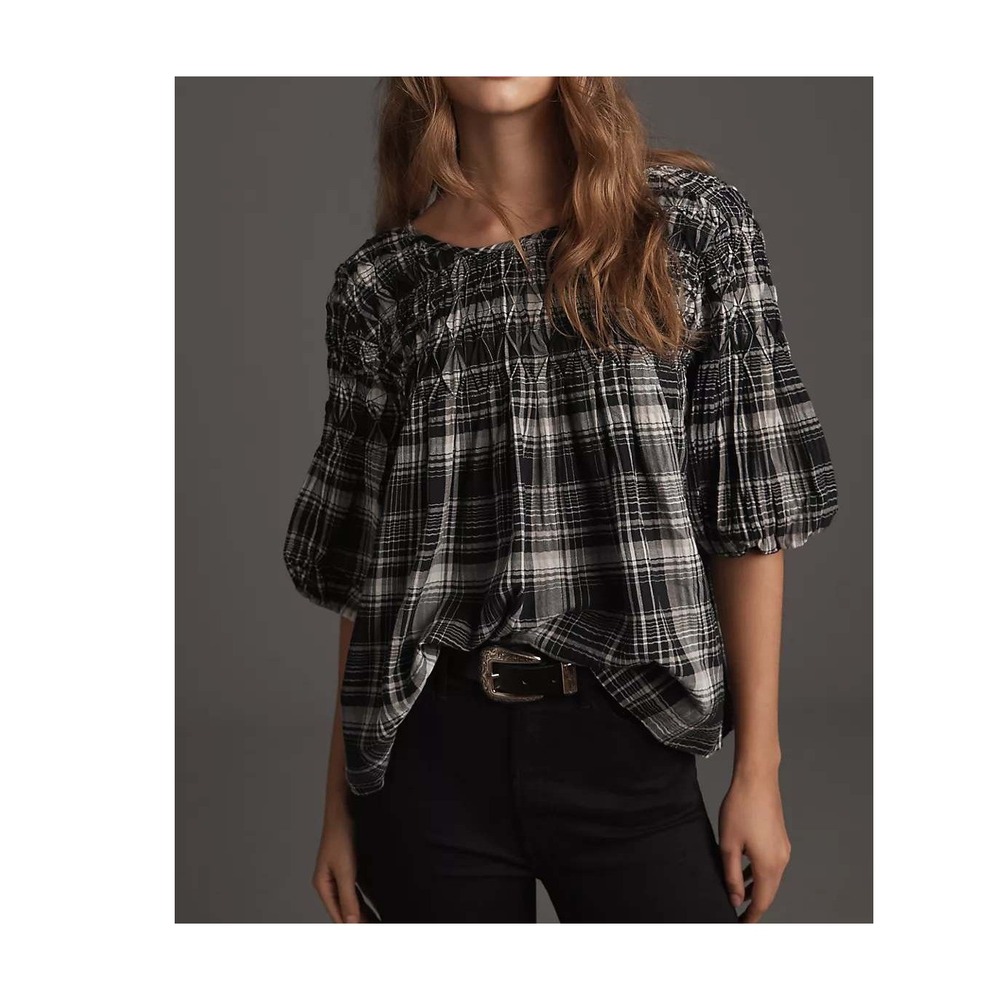 Pilcro Anthropologie Rory Puff-Sleeve Smocked Navy Plaid Blouse Size S Preppy